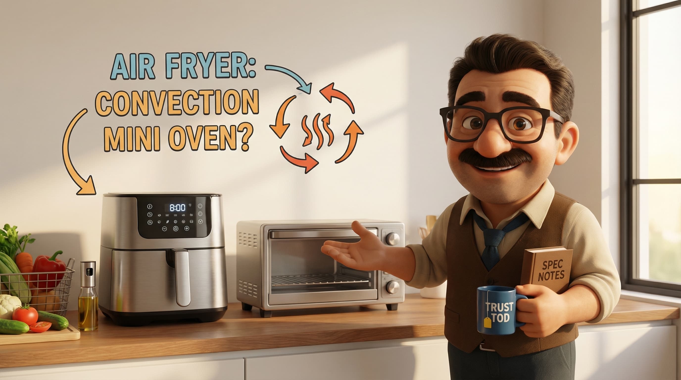 Illustration: Tod stands in a modern kitchen setting, gesturing towards an air fryer and a small convection oven as he explains the difference between the two appliances.
