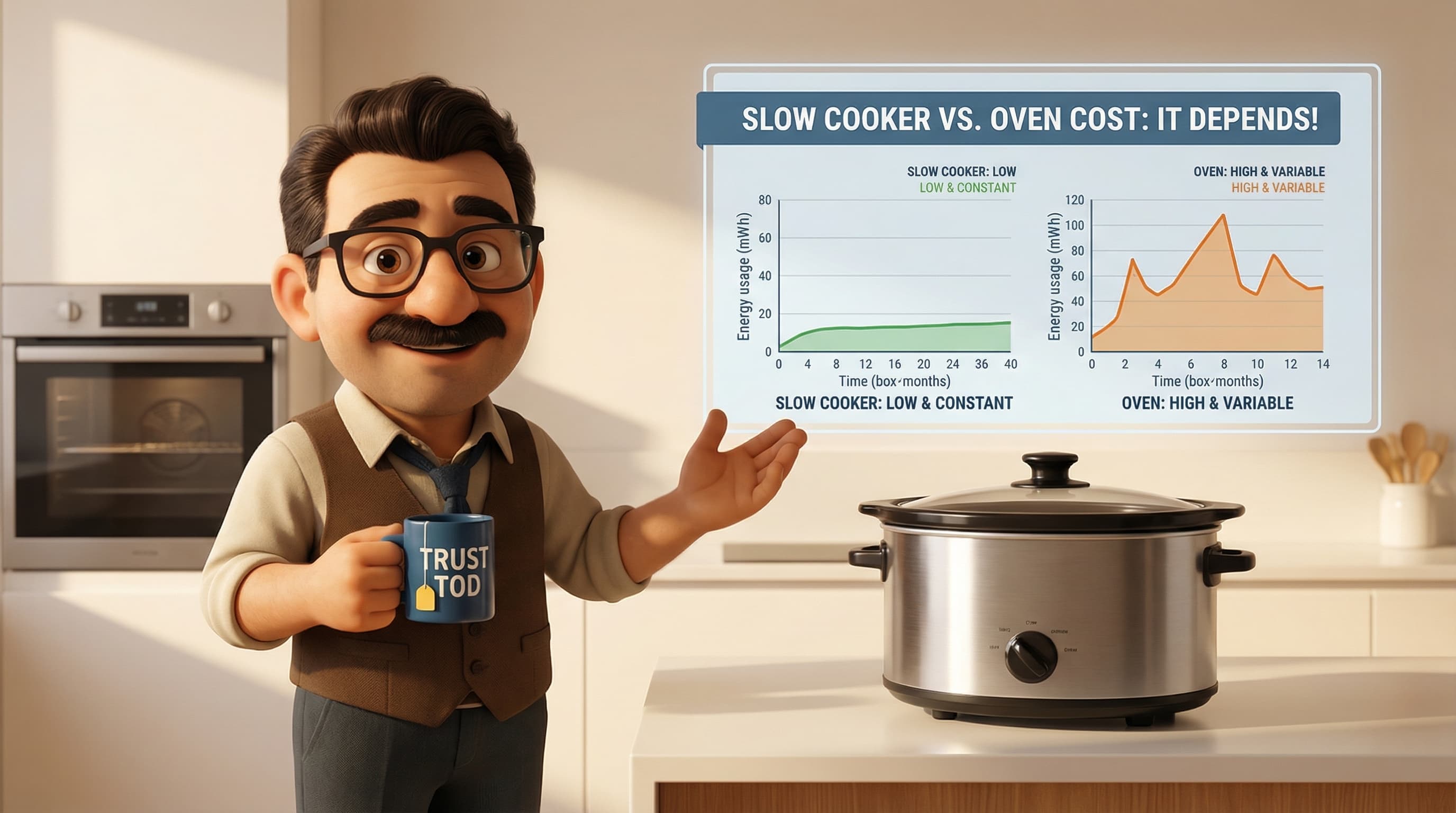 Illustration: Tod gesturing warmly with a knowledgeable expression in a modern, minimal setting to explain the energy costs of cooking appliances.