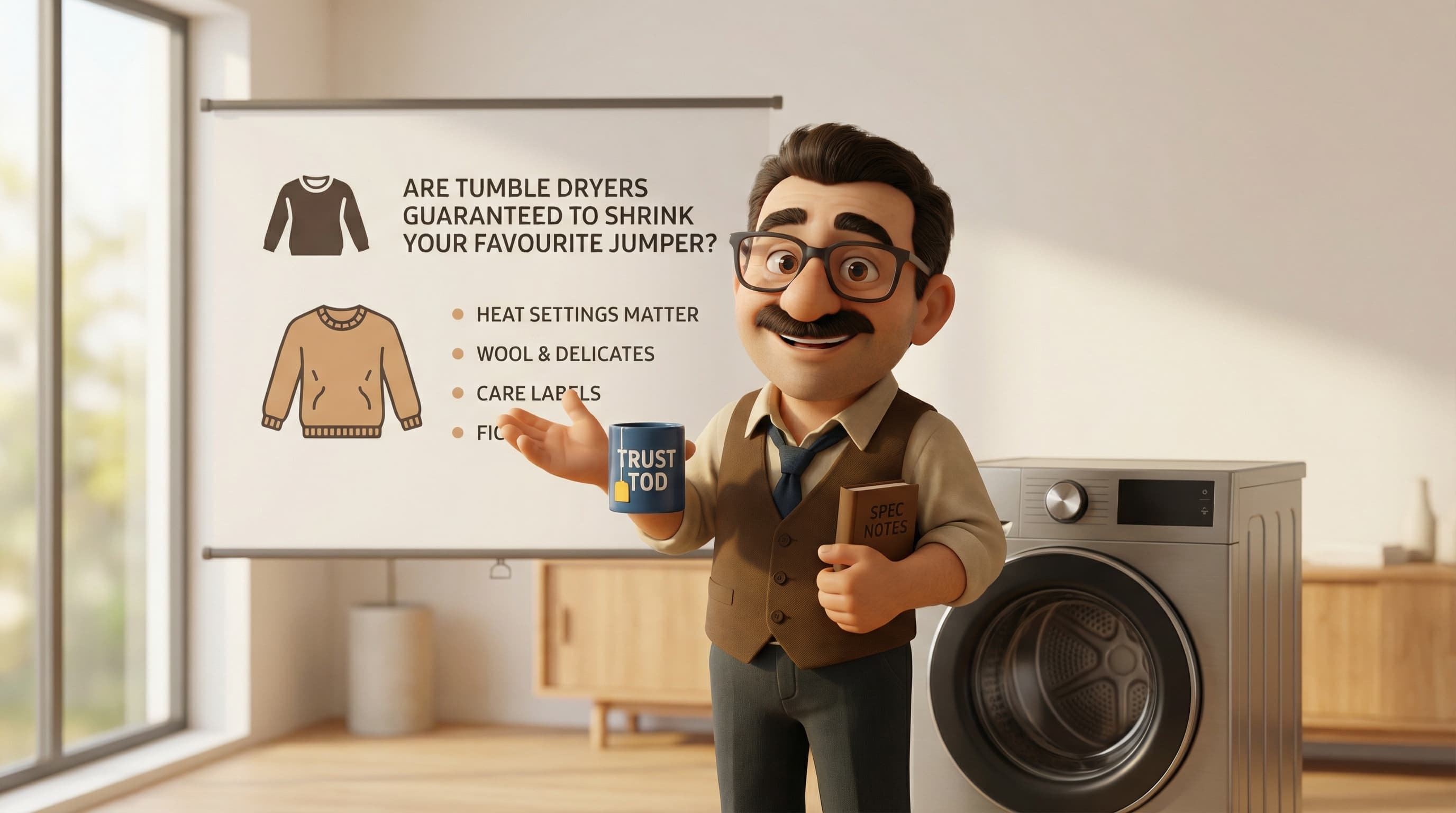 Illustration: Tod stands in a modern, warm room, gesturing knowledgeably as he explains the mechanics of a tumble dryer shrinking a sweater.