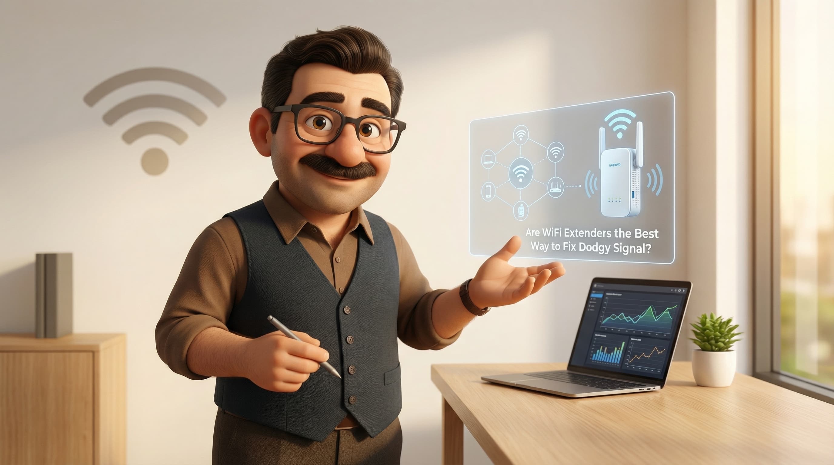 Illustration: Tod stands in a modern, minimal room, smiling and gesturing towards a floating wifi signal icon as he explains connectivity solutions.