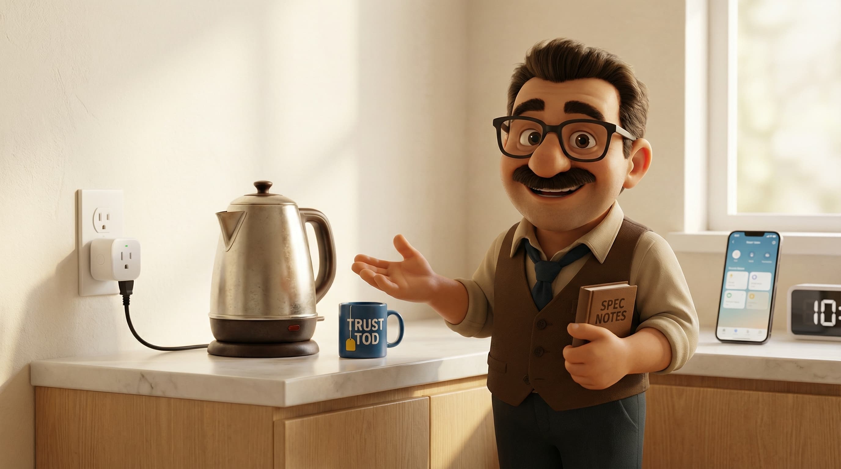 Illustration: Tod stands in a modern kitchen setting, gesturing enthusiastically toward an old-fashioned kettle plugged into a smart plug.