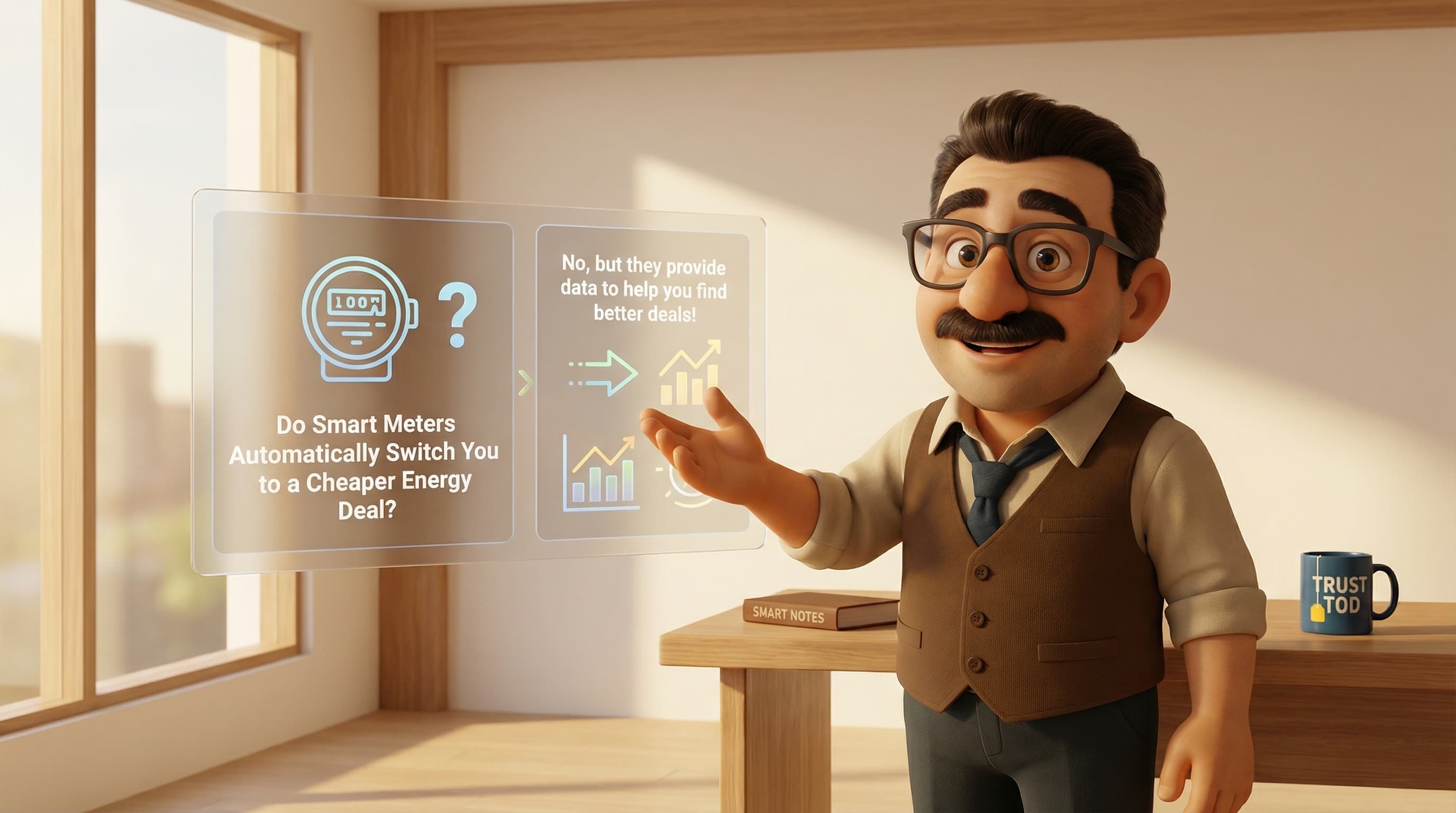 Illustration: Tod stands in a modern, minimal setting with a knowledgeable expression, gesturing as if explaining how smart energy meters function.