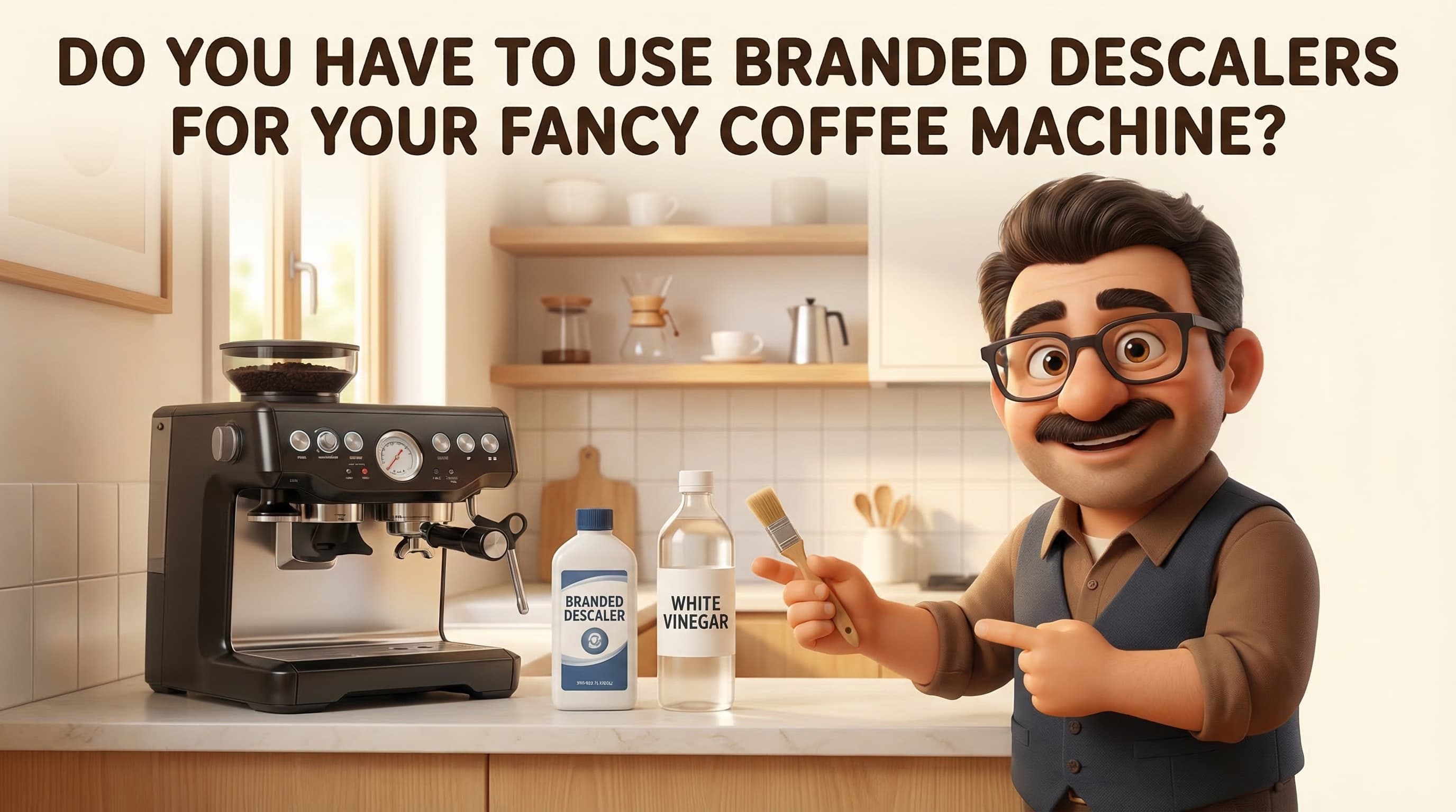 Illustration: Tod standing next to a fancy espresso machine in a modern, minimalist setting. He has a warm expression and is gesturing gently as if explaining coffee machine maintenance.