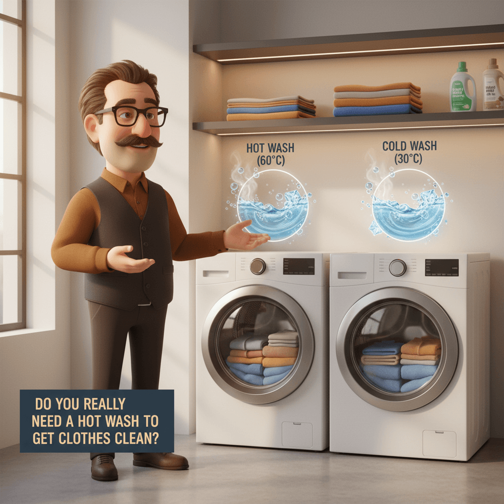 Illustration: Tod, with a warm, knowledgeable expression, gestures while explaining the concept of washing clothes and water temperature.