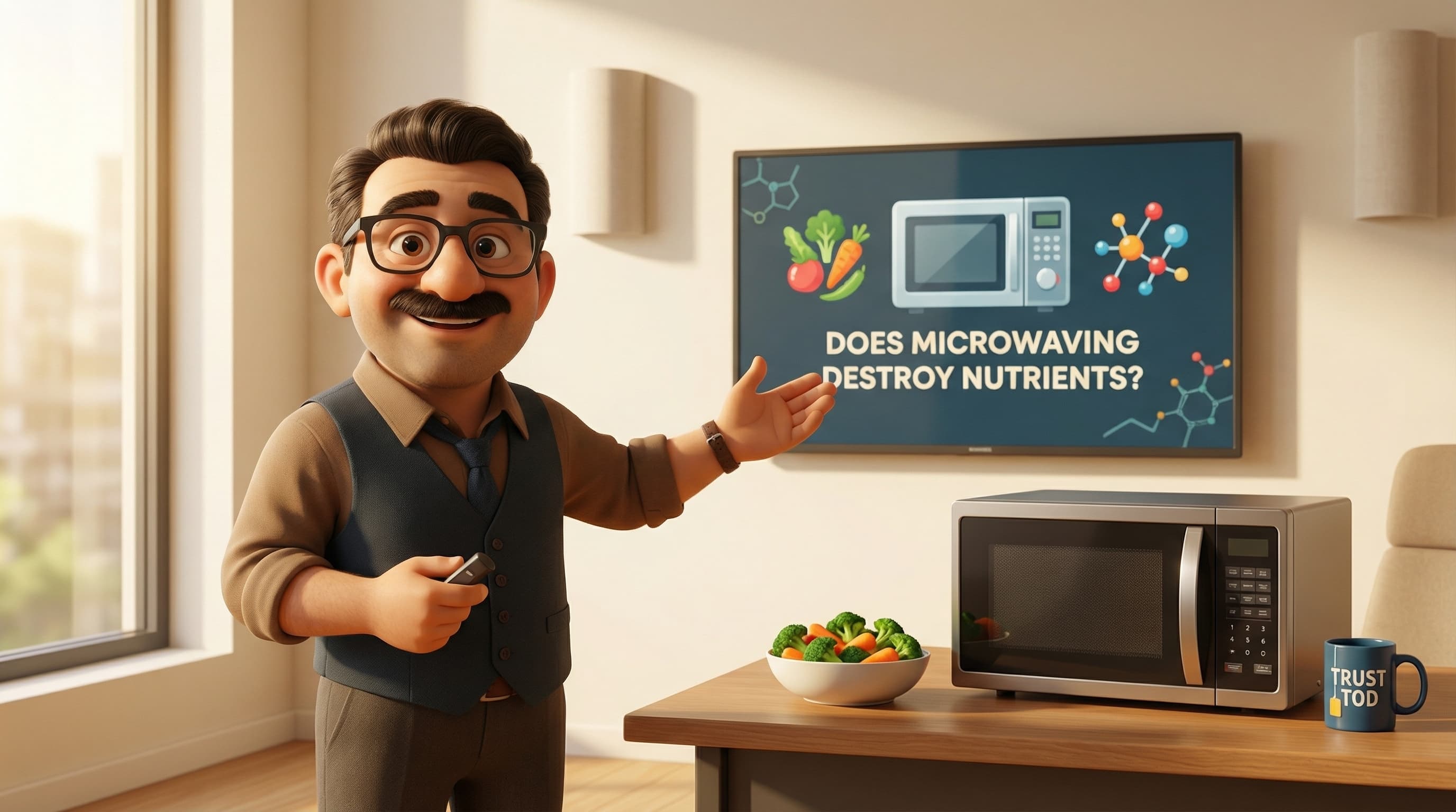 Illustration: Tod stands next to a microwave with a warm, explaining gesture, discussing the impact of heating on food nutrients in a modern, minimal setting.