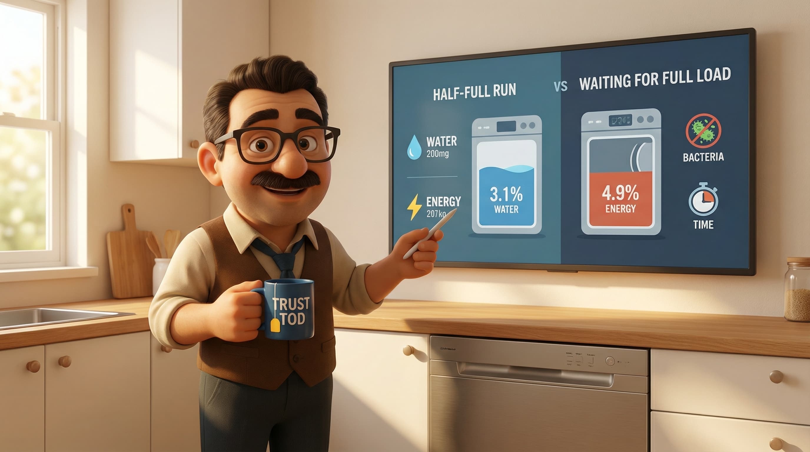 Illustration: Tod stands in a modern kitchen with a warm expression, gesturing towards an open dishwasher loaded with only a few dishes to explain the concept.