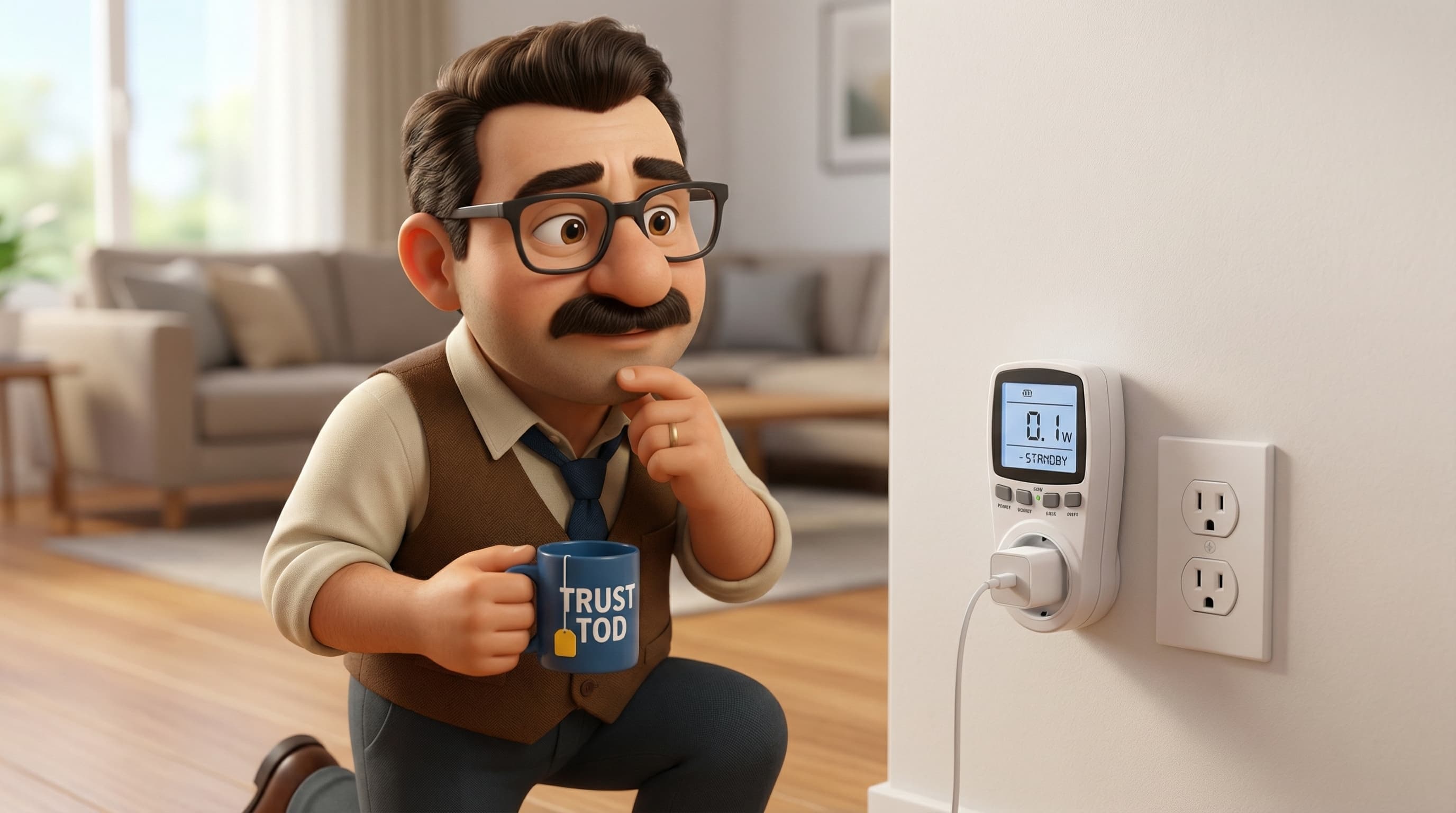 Illustration: Tod thoughtfully examines a phone charger plugged into a wall outlet, which has a power meter attached showing a small amount of energy consumption.