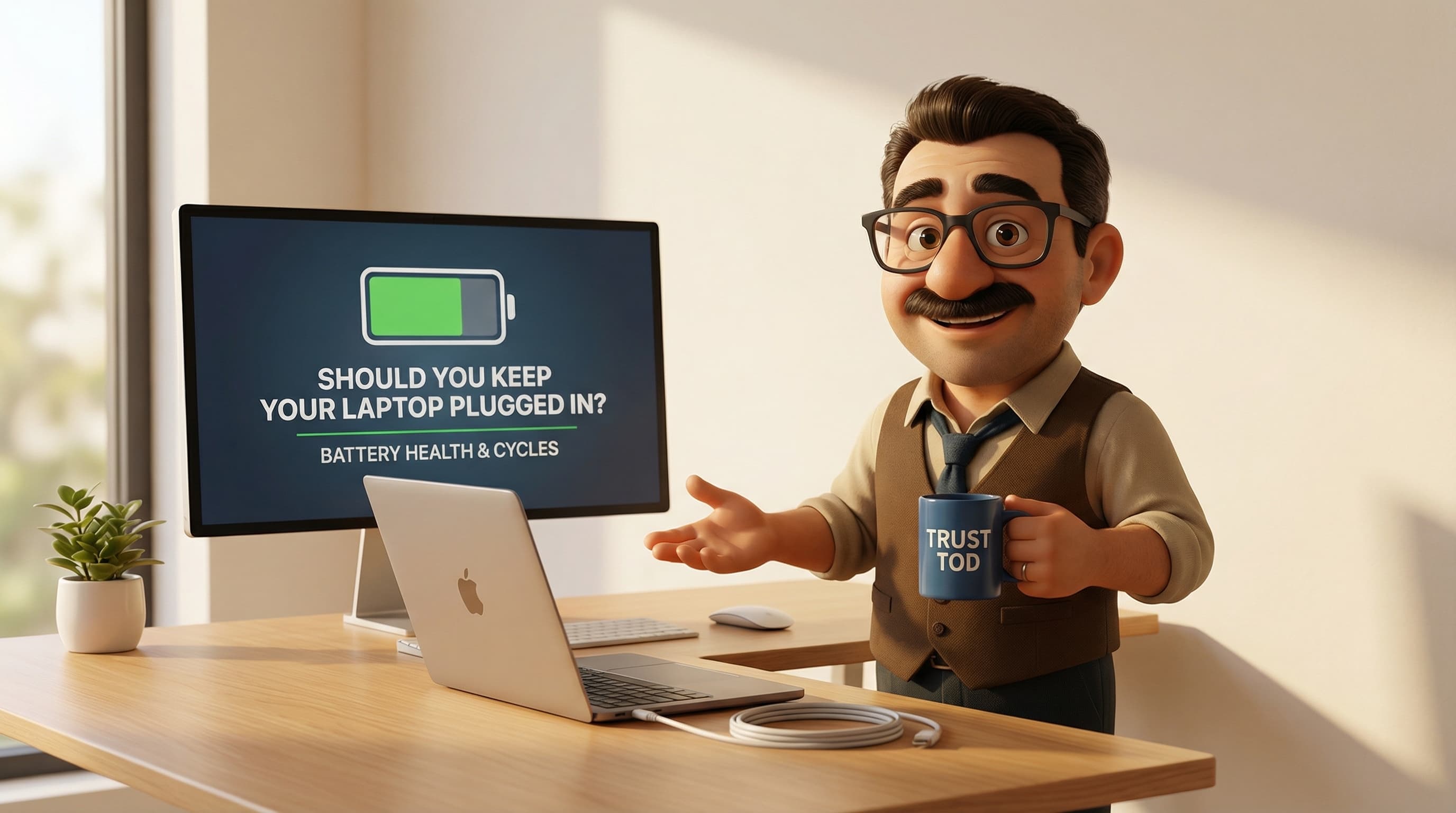 Illustration: Tod smiling and gesturing knowledgeably beside a plugged-in laptop in a modern, brightly lit workspace.