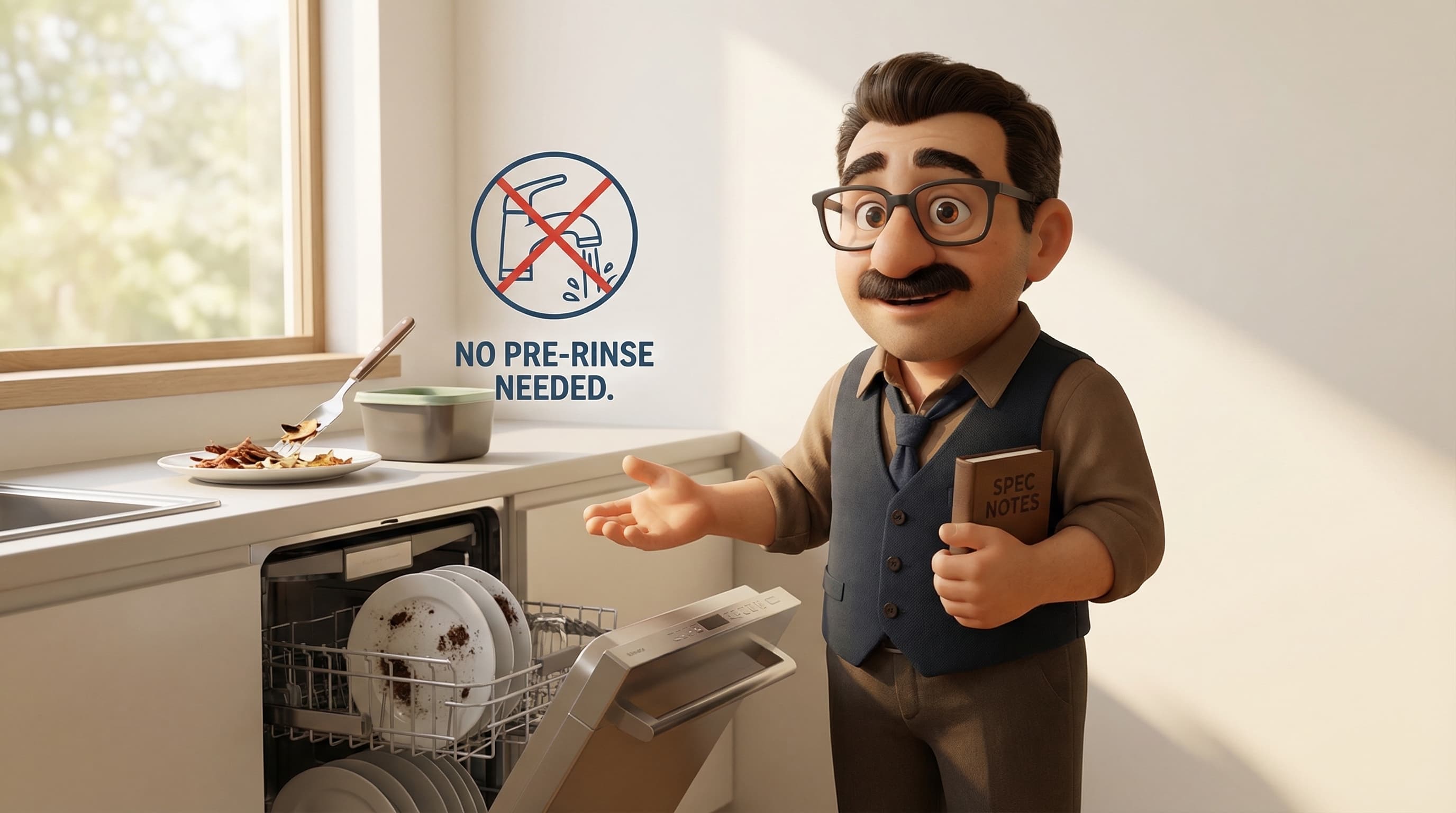 Illustration: Tod making a warm, explanatory gesture beside a dishwasher and plates in a minimal, warmly lit modern setting.