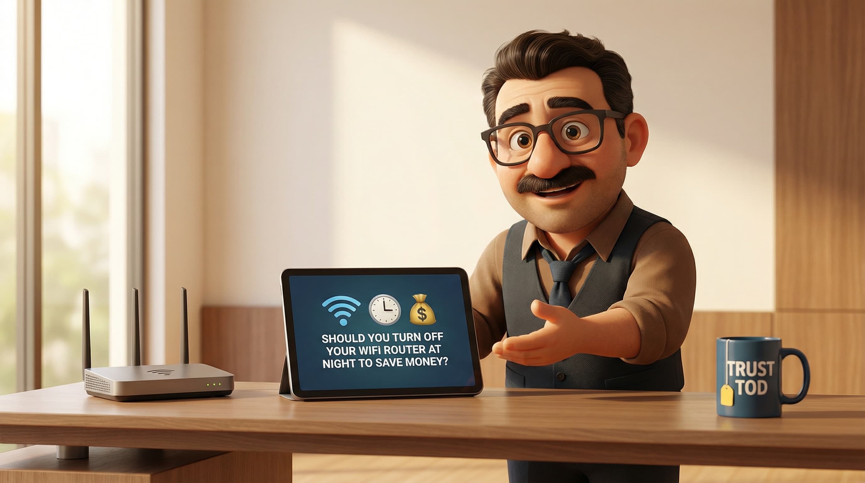 Illustration: Tod stands next to a WiFi router with a warm, knowledgeable expression, gesturing as if explaining a concept.