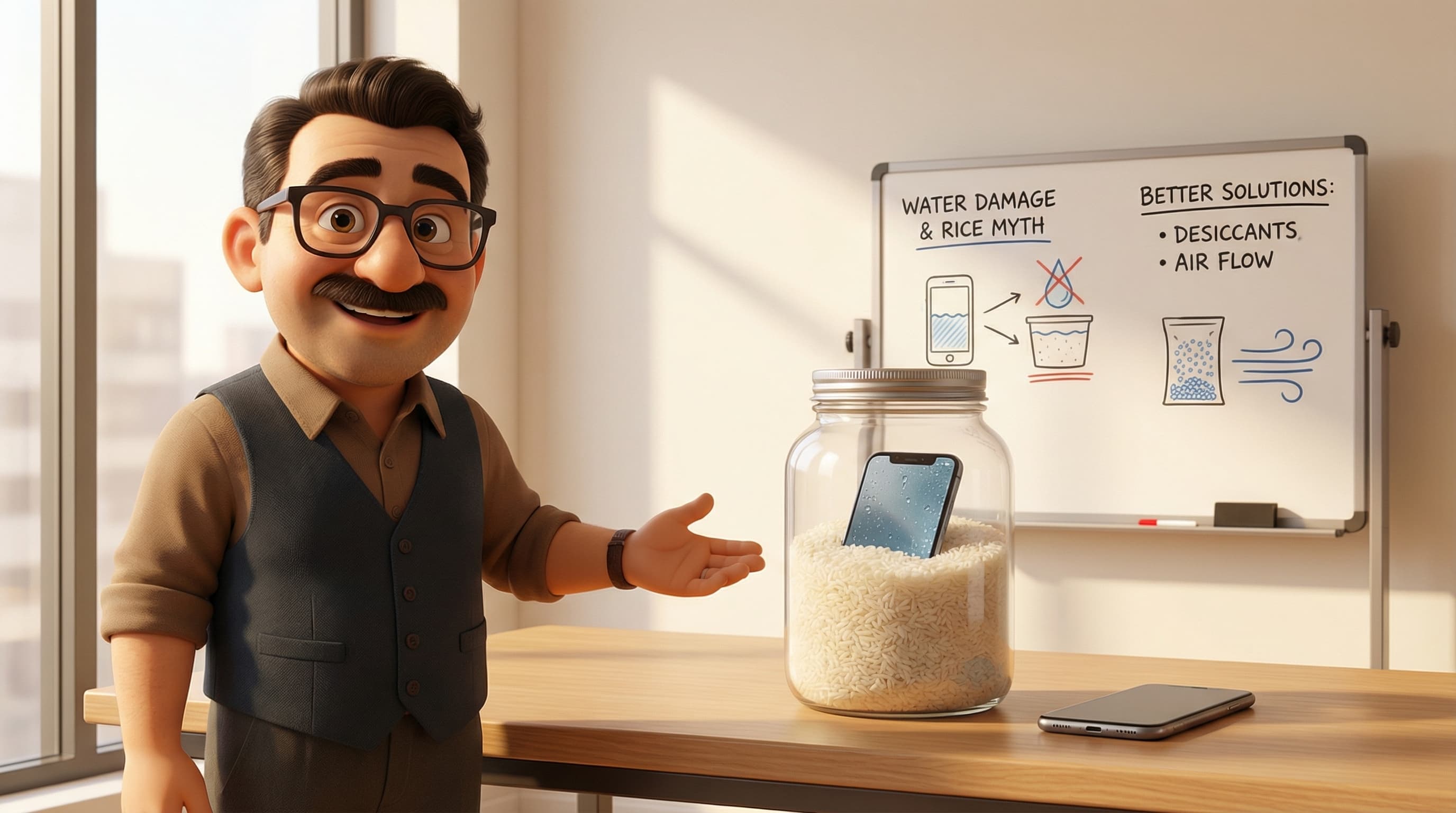 Illustration: Tod stands in a modern, minimal room, gesturing knowledgeably toward a smartphone submerged in a bowl of rice.