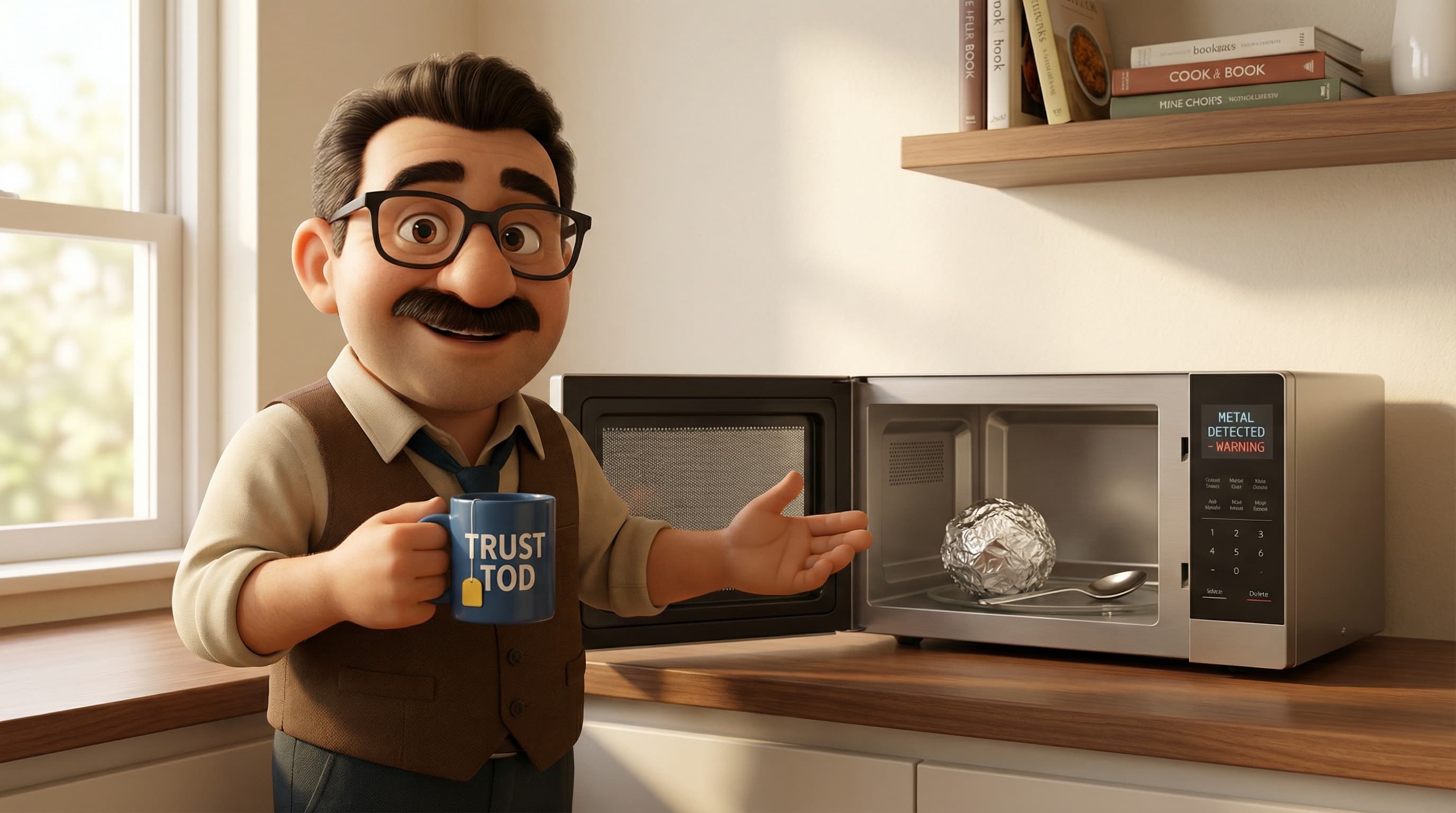 Illustration: Tod stands in a modern, minimal space, gesturing with a knowledgeable expression to explain the science behind metal in microwaves.