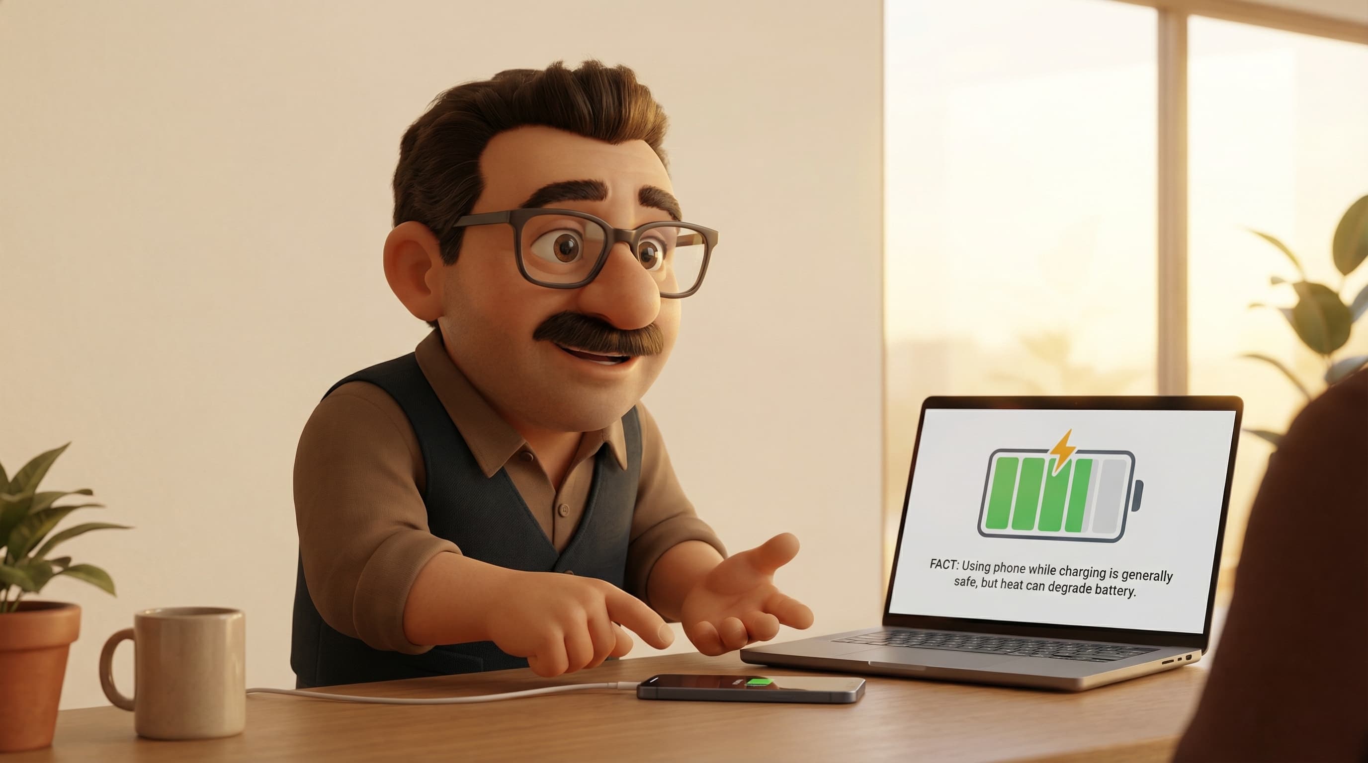 Illustration: Tod holding a charging smartphone with a warm, knowledgeable expression, gesturing to explain how the battery works.