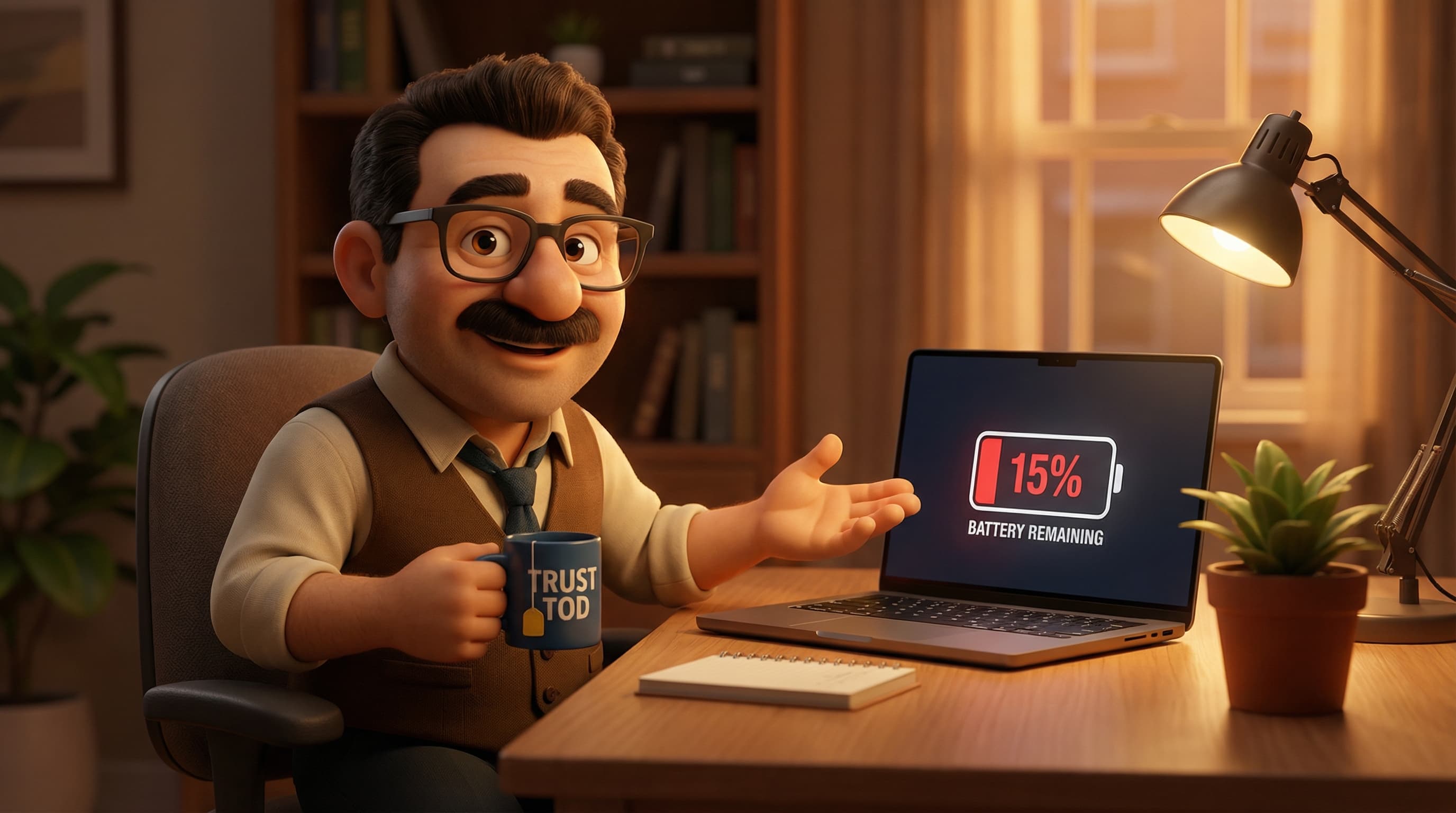Illustration: Tod sits at a desk in a modern workspace, pointing to a low battery indicator on his open laptop screen.